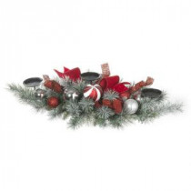 32 in. Flocked Pine Candleholder with Red and White Ornaments