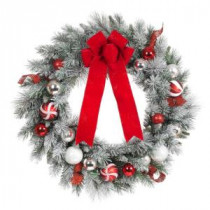 30 in. Flocked Pine Artificial Wreath with Red and White Balls