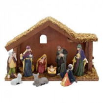 6.89 in. Nativity Set with Figures and Wooden Stable (10-Piece)