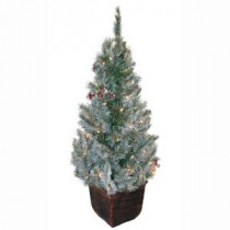 4 ft. Pre-Lit Potted Frosted Pine Artificial Christmas Tree with Berries and Pine Cones