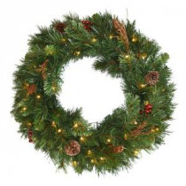 Glistening Pine 24 in. Artificial Wreath with Battery Operated Warm White LED Lights