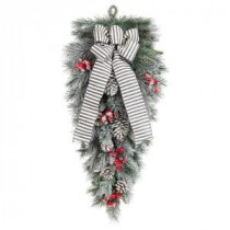 32 in. Snowy Pine Teardrop with Pinecones Berries and Striped Bow