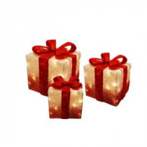 White Christmas Presents with Red Bow and Lights (Set of 3)
