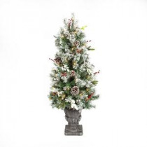 4 ft. Electric Lighted Flocked Pre-Decorated Porch Tree in Urn