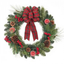 24 in. Artificial Pine Wreath with Red Plaid Bow