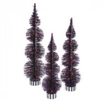 Electric Purple Lighted Black PVC Halloween Bottle Brush Trees (Set of 3)