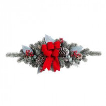 32 in. Snowy Pine Swag with Pinecones Berries and Red Velvet Bow