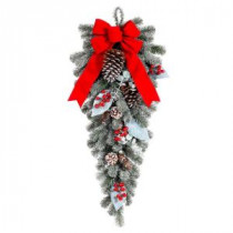 32 in. Snowy Pine Teardrop with Pinecones Berries and Red Velvet Bow