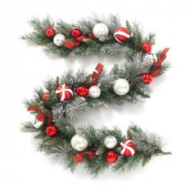 6 ft. Flocked Pine Garland with Red and White Balls