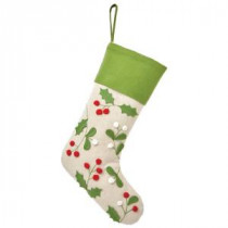 16 in. Green Trim Polyester Holly and Berries Christmas Stocking