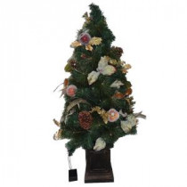 4 ft. Battery Operated Feathers and Fruit Potted Artificial Christmas Porch Tree with 50 Clear LED Lights