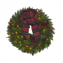 32 in. Battery Operated Elegant Plaid Artificial Wreath with 50 Clear Multi-Function LED Lights