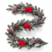 Home Accents Holiday 6 ft. Snowy Pine Garland with Pinecones, Berries and Red Velvet Bow-2321040HD 206771244